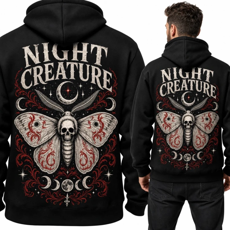 Bluza męska z kapturem - gotycka ćma z czaszką „Night Creature” - duży nadruk na plecach
