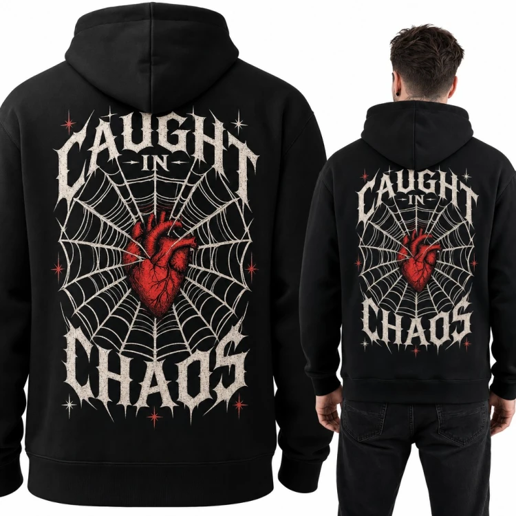 Bluza męska z kapturem „Caught in Chaos” - anatomiczne serce w pajęczynie, duży nadruk na plecach