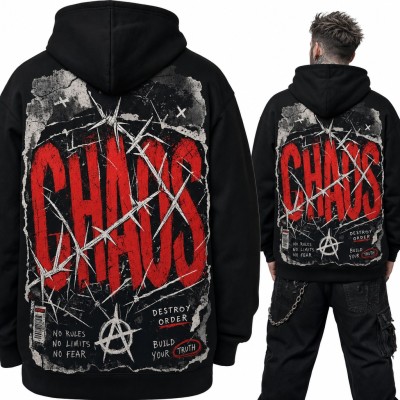Bluza męska z kapturem „Chaos” - punk, drut kolczasty i anarchia - duży nadruk na plecach