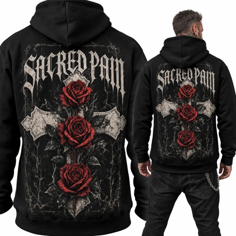 Bluza męska z kapturem „Sacred Pain” - gotycki krzyż z czerwonymi różami, duży nadruk na plecach