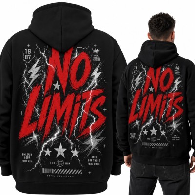 Bluza męska z kapturem „No limits” z czerwonymi błyskawicami - duży nadruk na plecach
