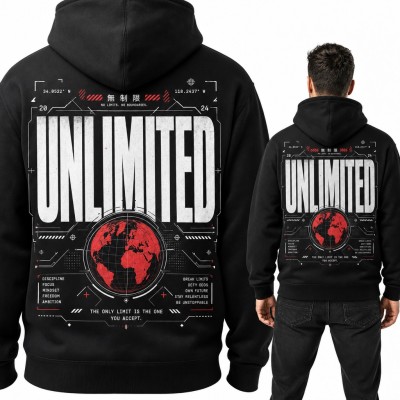 Bluza męska z kapturem „Unlimited” z czerwonym globusem - duży nadruk na plecach