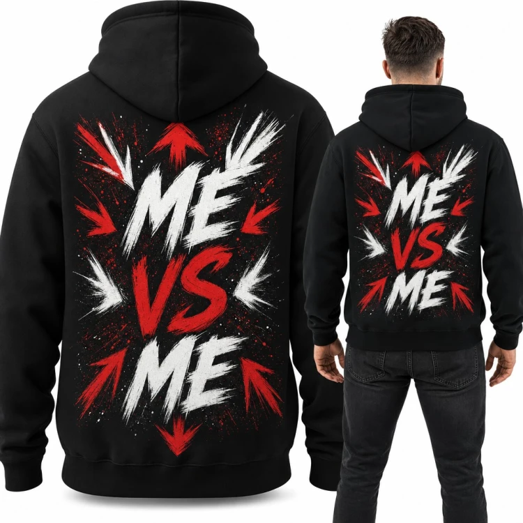 Bluza męska z kapturem „Me vs Me” - motywacyjny napis grunge, duży nadruk na plecach