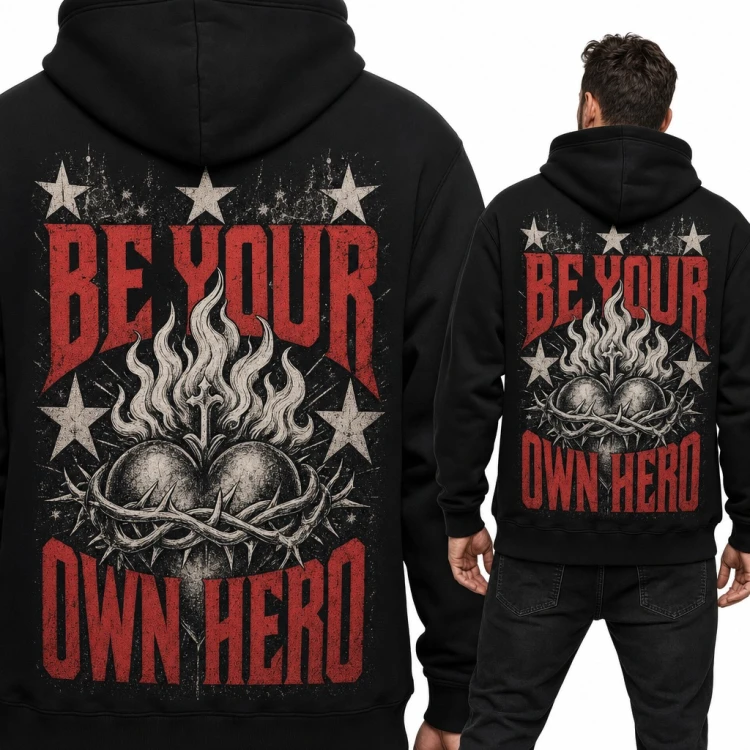 Bluza męska z kapturem „Be your own hero” - płonące serce w cierniach, duży nadruk na plecach