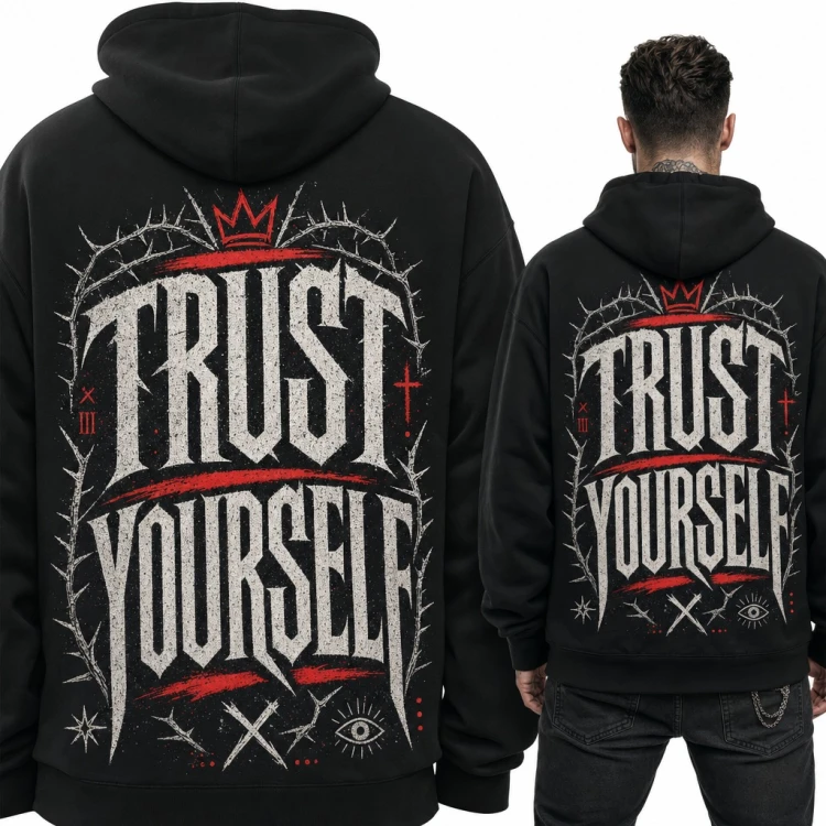 Bluza męska z kapturem „Trust Yourself” - gotycki napis z cierniami i koroną, duży nadruk na plecach
