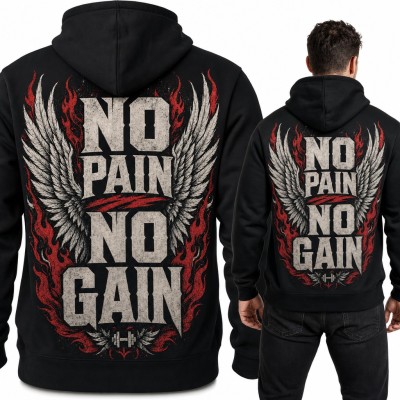 Bluza męska z kapturem „No pain no gain” - skrzydła, płomienie i hantla, duży nadruk na plecach