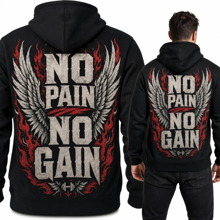 Bluza męska z kapturem „No pain no gain” - skrzydła, płomienie i hantla, duży nadruk na plecach