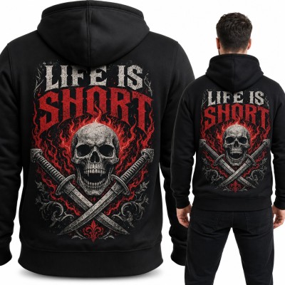 Bluza męska z kapturem „Life is short” - czaszka w płomieniach i skrzyżowane miecze, duży nadruk na plecach