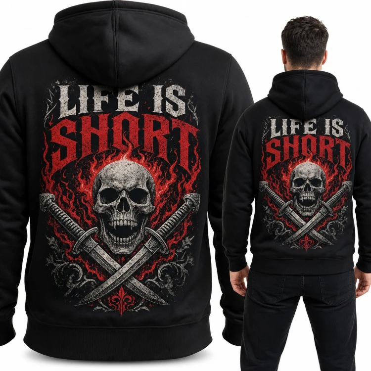 Bluza męska z kapturem „Life is short” - czaszka w płomieniach i skrzyżowane miecze, duży nadruk na plecach
