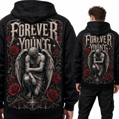Bluza męska z kapturem - gotycki kamienny anioł i czerwone róże „Forever Young” - duży nadruk na plecach