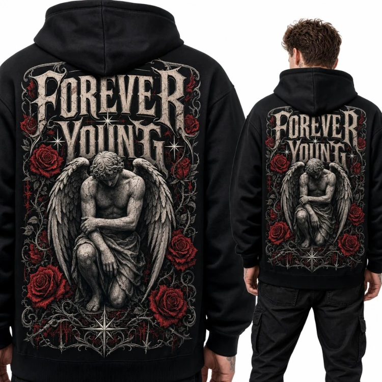 Bluza męska z kapturem - gotycki kamienny anioł i czerwone róże „Forever Young” - duży nadruk na plecach