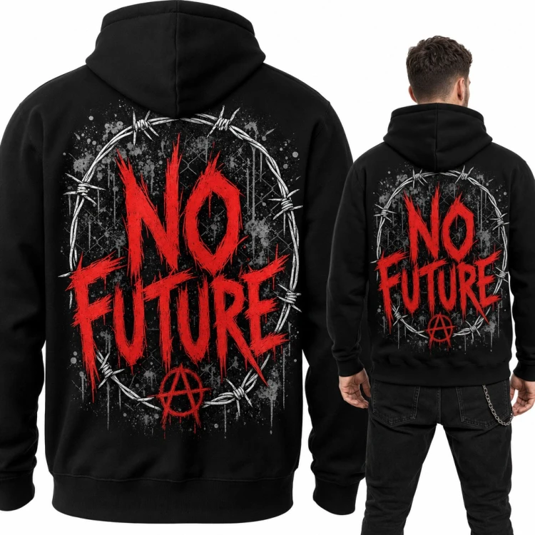 Bluza męska z kapturem „No Future” - punk, anarchia i drut kolczasty - duży nadruk na plecach
