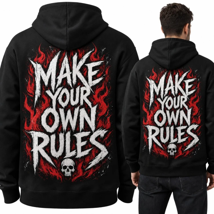 Bluza męska z kapturem - „Make Your Own Rules” z czaszką i płomieniami - duży nadruk na plecach