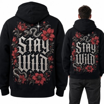 Bluza męska z kapturem „Stay wild” - gotycki napis z wężami i czerwonymi kwiatami, duży nadruk na plecach