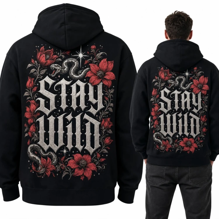 Bluza męska z kapturem „Stay wild” - gotycki napis z wężami i czerwonymi kwiatami, duży nadruk na plecach