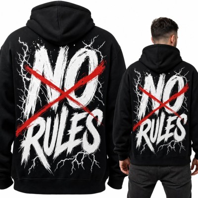 Bluza męska z kapturem „No rules” z czerwonym X i błyskawicami - duży nadruk na plecach
