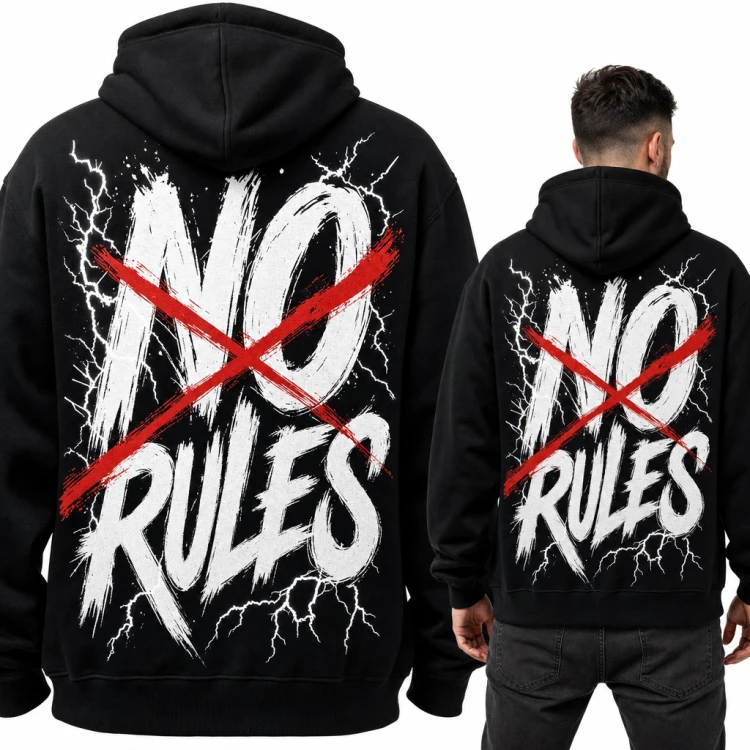 Bluza męska z kapturem „No rules” z czerwonym X i błyskawicami - duży nadruk na plecach