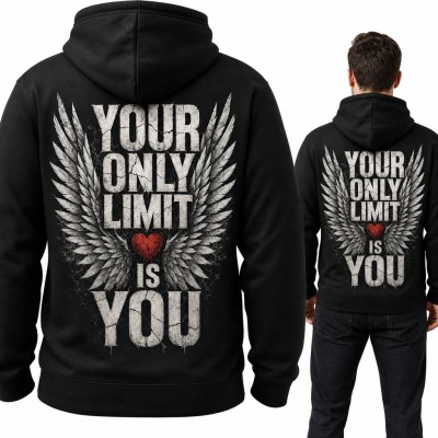 Bluza męska z kapturem „Your only limit is you” ze skrzydłami i sercem - duży nadruk na plecach