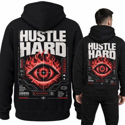 Bluza męska z kapturem „Hustle hard” z płonącym okiem - duży nadruk na plecach