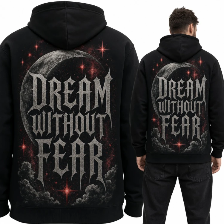 Bluza męska z kapturem „Dream without fear” - gotycki napis z księżycem, duży nadruk na plecach
