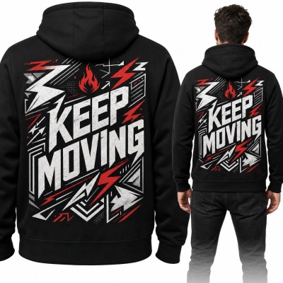 Bluza męska z kapturem „Keep Moving” z błyskawicami i płomieniem - duży nadruk na plecach