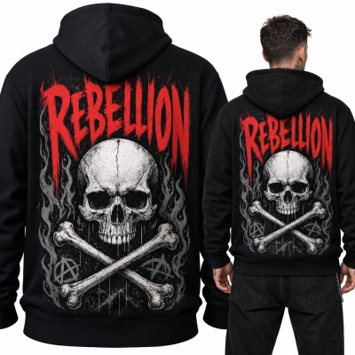 Bluza męska z kapturem „Rebellion” - czaszka z piszczelami i znaki anarchii, duży nadruk na plecach