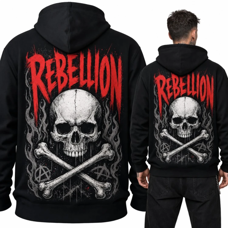 Bluza męska z kapturem „Rebellion” - czaszka z piszczelami i znaki anarchii, duży nadruk na plecach