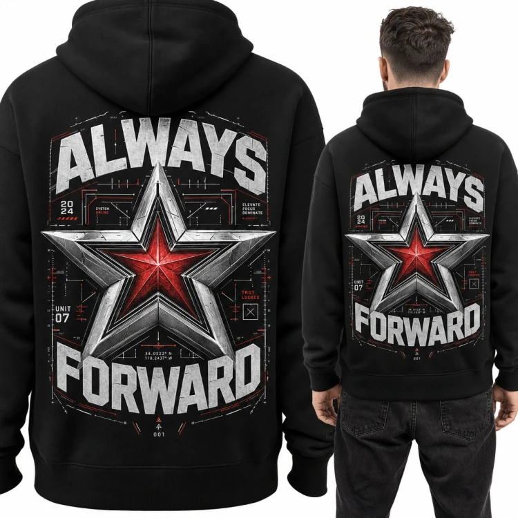 Bluza męska z kapturem „Always Forward” z metalową gwiazdą - duży nadruk na plecach