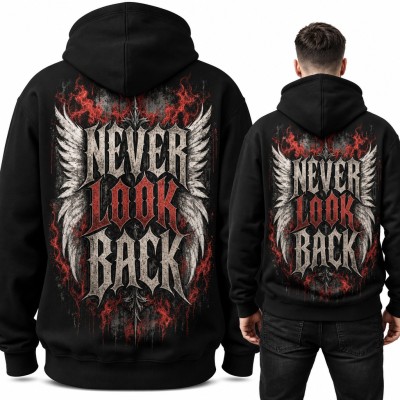 Bluza męska z kapturem „Never look back” ze skrzydłami i płomieniami - duży nadruk na plecach