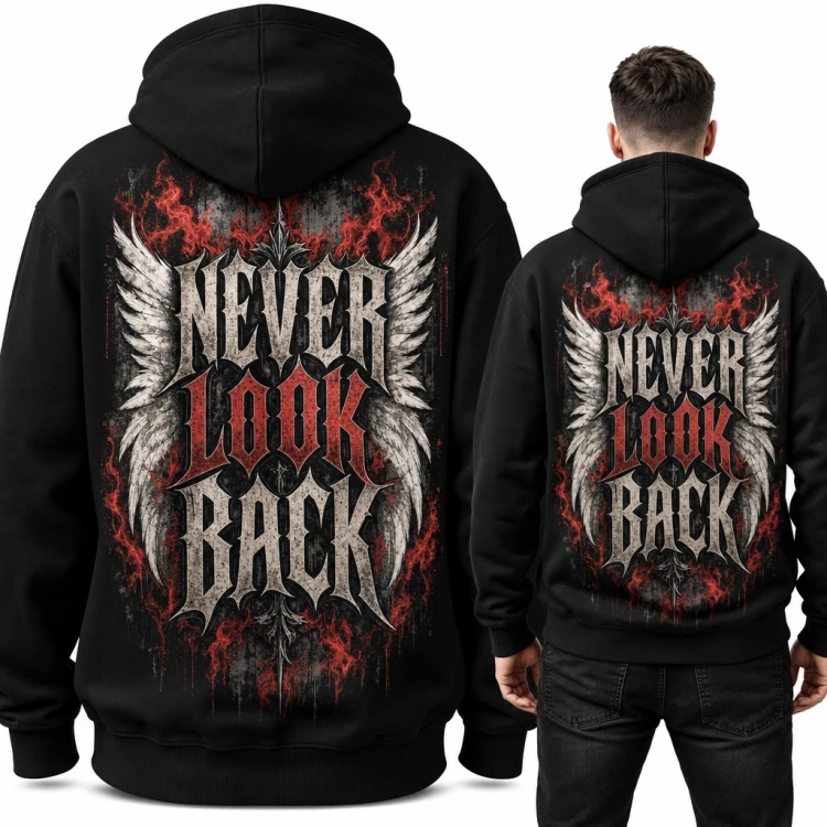 Bluza męska z kapturem „Never look back” ze skrzydłami i płomieniami - duży nadruk na plecach