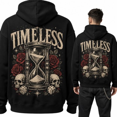 Bluza męska z kapturem „Timeless” - klepsydra z czaszkami i różami, duży nadruk na plecach