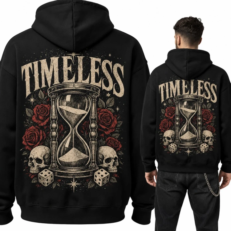 Bluza męska z kapturem „Timeless” - klepsydra z czaszkami i różami, duży nadruk na plecach