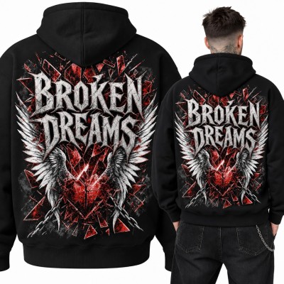 Bluza męska z kapturem „Broken Dreams” - pęknięte serce ze skrzydłami i łańcuchami, duży nadruk na plecach