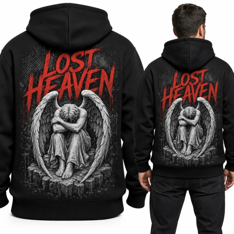Bluza męska z kapturem „Lost Heaven” - upadły anioł ze skrzydłami, duży nadruk na plecach