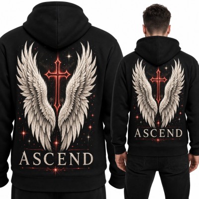 Bluza męska z kapturem „Ascend” - anielskie skrzydła i czerwony krzyż, duży nadruk na plecach