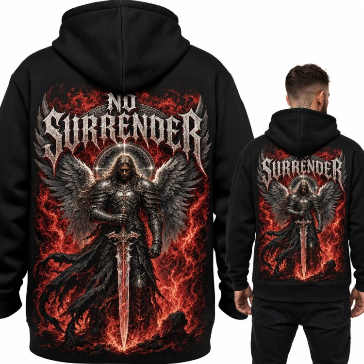 Bluza męska z kapturem - anioł wojownik z mieczem „No Surrender” - duży nadruk na plecach