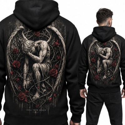 Bluza męska z kapturem - upadły anioł wśród róż i cierni „Fall from grace” - duży nadruk na plecach