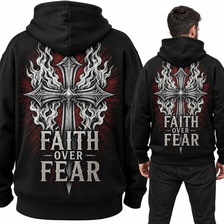 Bluza męska z kapturem „Faith over fear” - gotycki krzyż w płomieniach, duży nadruk na plecach
