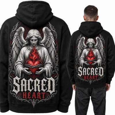 Bluza męska z kapturem - anioł z płonącym sercem „Sacred Heart” - duży nadruk na plecach