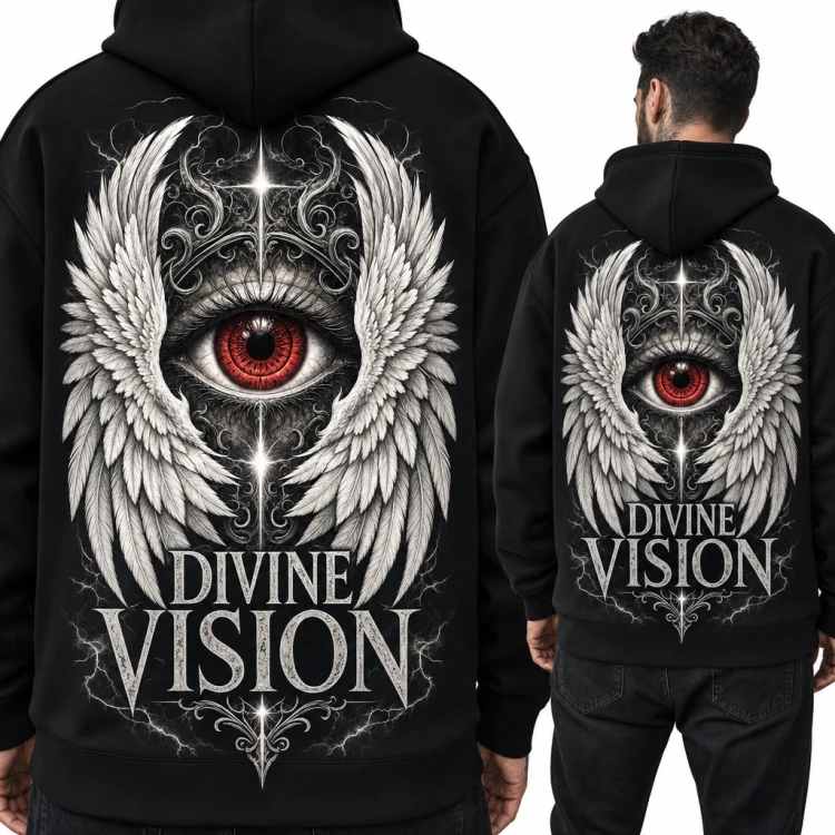 Bluza męska z kapturem - „Divine Vision” czerwone oko z anielskimi skrzydłami, duży nadruk na plecach