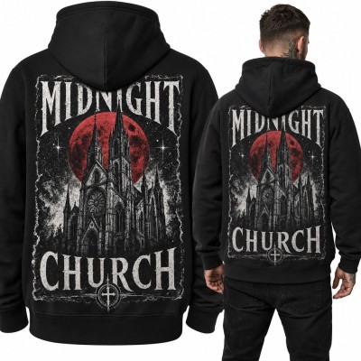 Bluza męska z kapturem „Midnight Church” - gotycka katedra i krwawy księżyc, duży nadruk na plecach