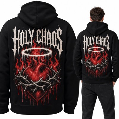 Bluza męska z kapturem - płonące serce w koronie cierniowej „Holy Chaos” - duży nadruk na plecach