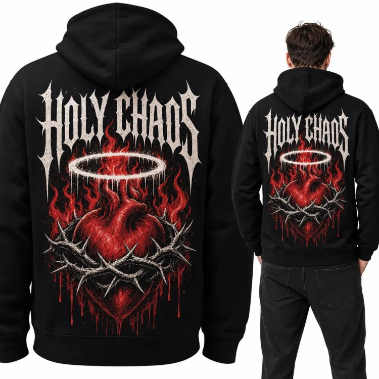 Bluza męska z kapturem - płonące serce w koronie cierniowej „Holy Chaos” - duży nadruk na plecach
