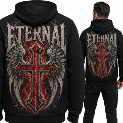 Bluza męska z kapturem - gotycki krzyż ze skrzydłami „Eternal” - duży nadruk na plecach