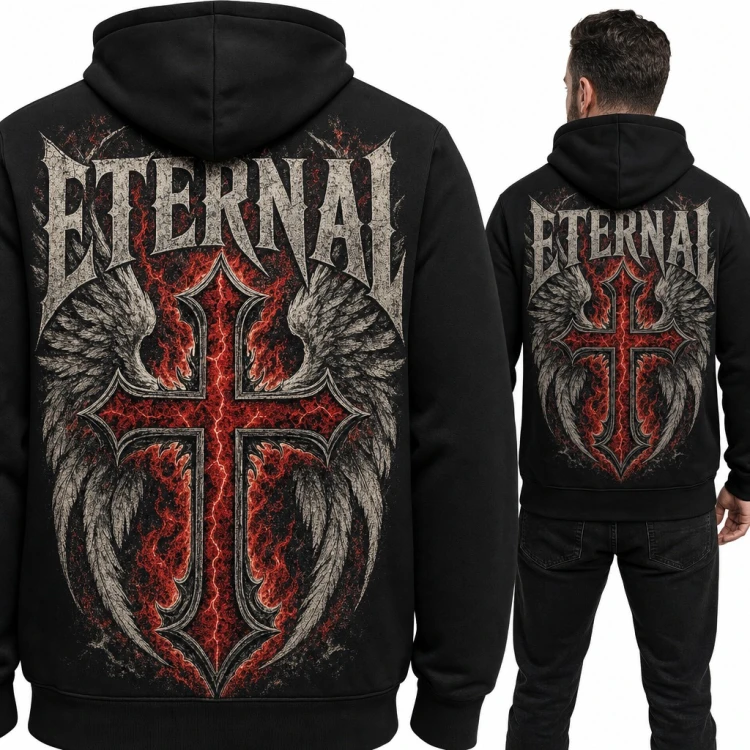 Bluza męska z kapturem - gotycki krzyż ze skrzydłami „Eternal” - duży nadruk na plecach