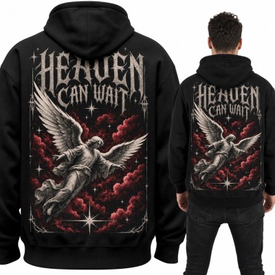Bluza męska z kapturem - anioł w gotyckim stylu „Heaven can wait” - duży nadruk na plecach
