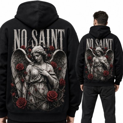 Bluza męska z kapturem „No saint” - kamienny anioł w cierniach i różach, duży nadruk na plecach
