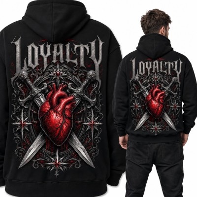 Bluza męska z kapturem - anatomiczne serce ze sztyletami „Loyalty” - duży nadruk na plecach