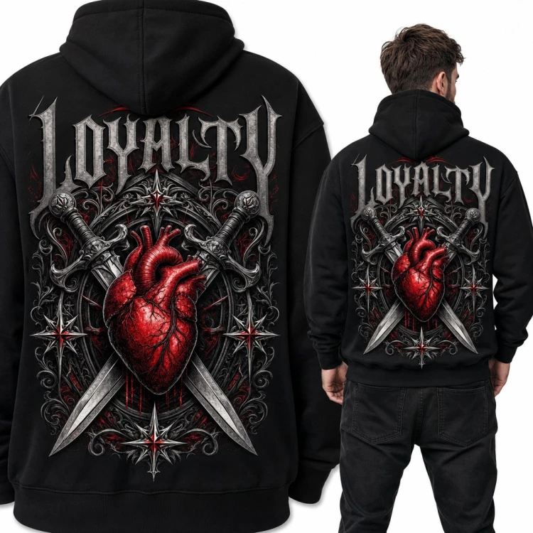 Bluza męska z kapturem - anatomiczne serce ze sztyletami „Loyalty” - duży nadruk na plecach