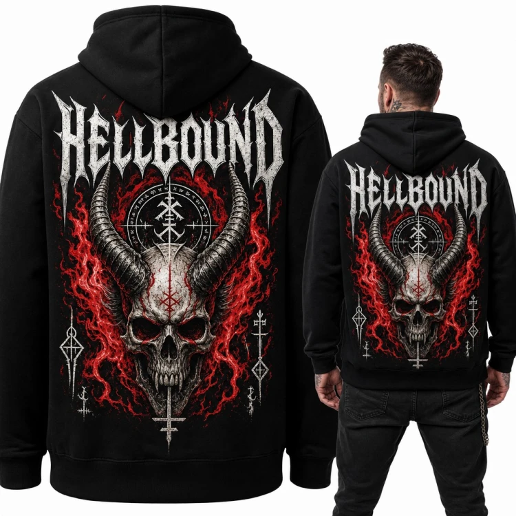 Bluza męska z kapturem „Hellbound” - demoniczna czaszka z rogami w płomieniach, duży nadruk na plecach